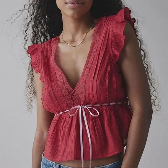 Tie Front Tank Top Women Y2k Floral Babydoll Crop Vest Cami Teen Girl Coquette Sexy Going Out Camisole Blouse Shirt