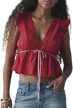 Tie Front Tank Top Women Y2k Floral Babydoll Crop Vest Cami Teen Girl Coquette Sexy Going Out Camisole Blouse Shirt