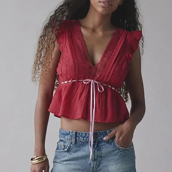 Tie Front Tank Top Women Y2k Floral Babydoll Crop Vest Cami Teen Girl Coquette Sexy Going Out Camisole Blouse Shirt
