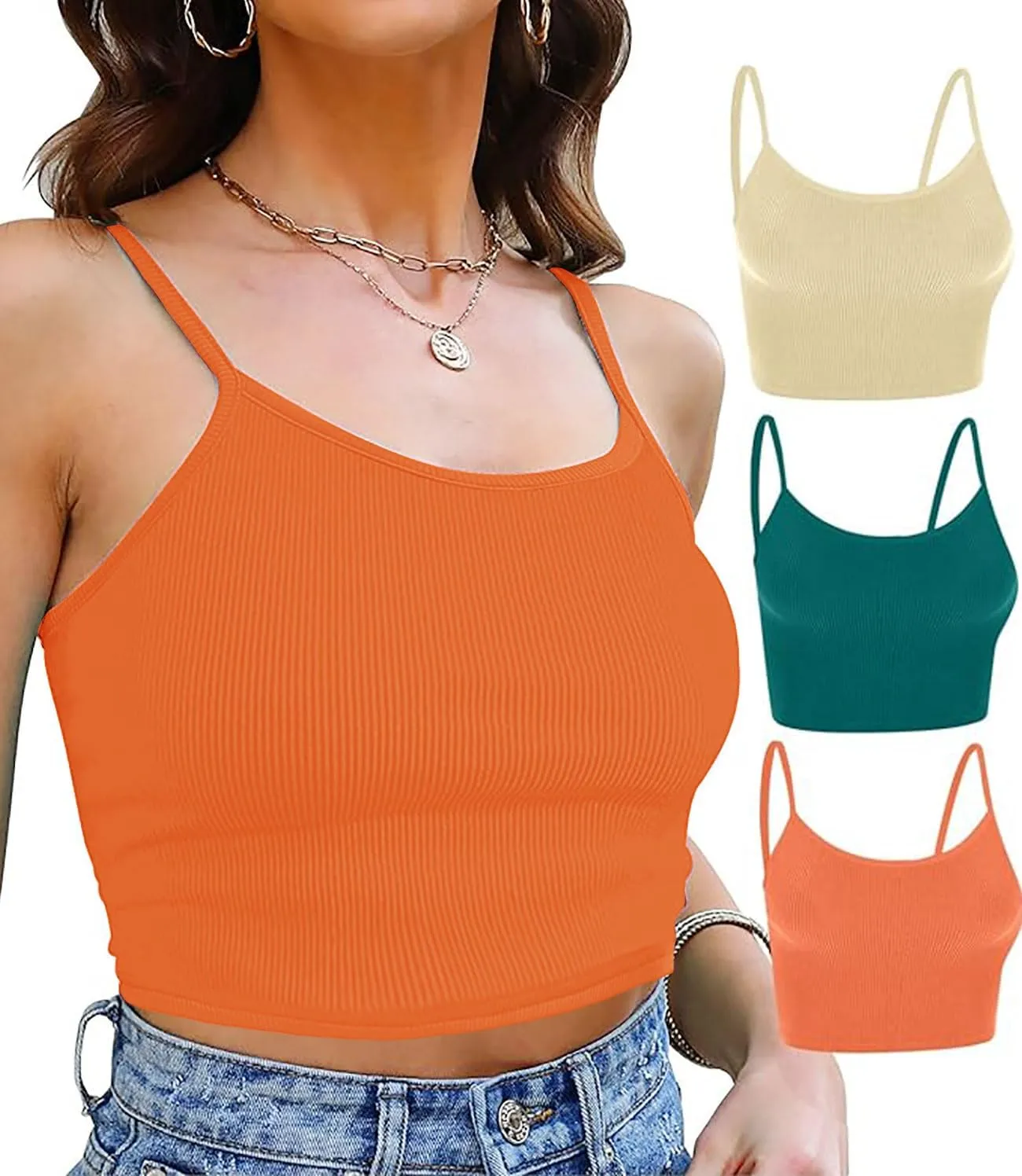 Topstype 3 Pcs Cropped Cami Thick Ribbed Double Layers Womens Crop Tank Tops Layering Undershirt Camisole No Pad