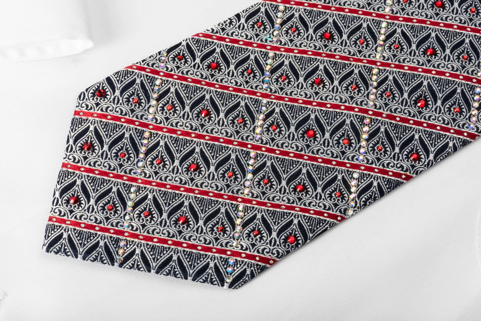 Ungaro Rhinestone Tie Silver Filigree Red Striped On Black With Sparkles