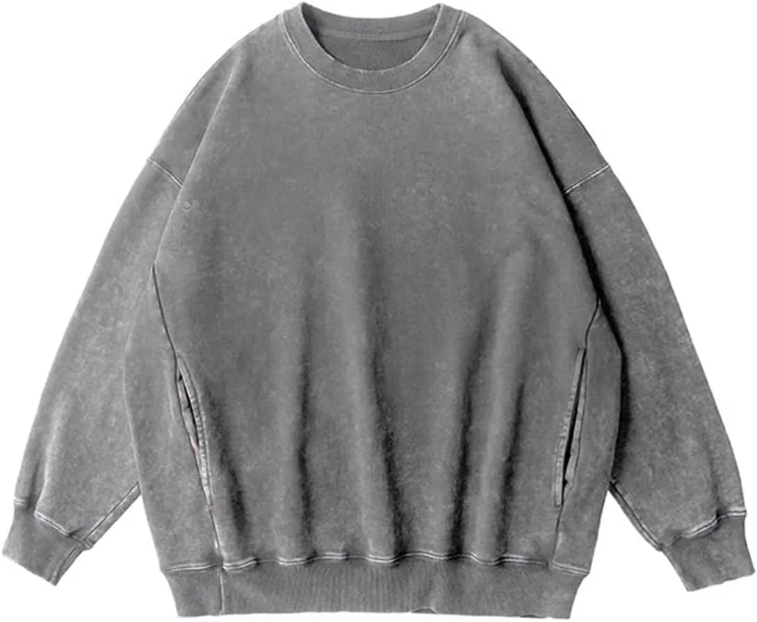 Vamtac Sweatshirt Oversized CrewNeck Long Sleeve Shirts Casual Sweatshirts Solid Wash Vintage Streetwear Tees With Pocket
