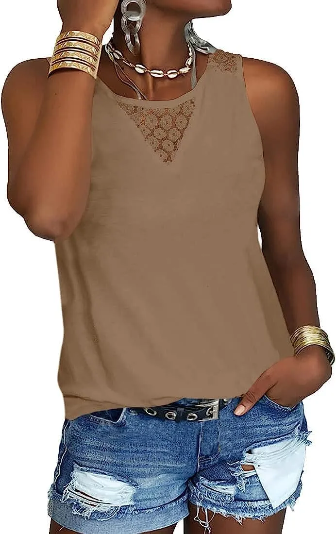 Veatzaer Women's Lace Tank Tops for Summer Crew Neck Casual Loose Fit Solid Sleeveless Shirt Lace Tanks