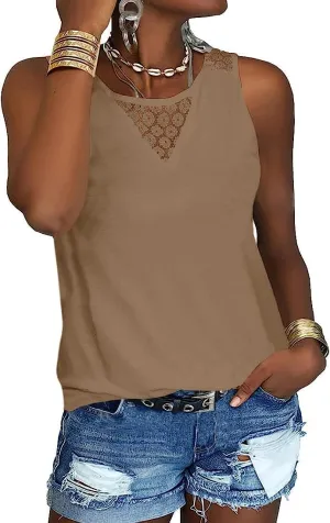 Veatzaer Women's Lace Tank Tops for Summer Crew Neck Casual Loose Fit Solid Sleeveless Shirt Lace Tanks