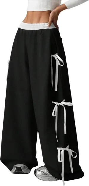 Verdusa Girl's Coquette Bow Wide Leg Elastic Waist Baggy Athletic Pants with Pockets
