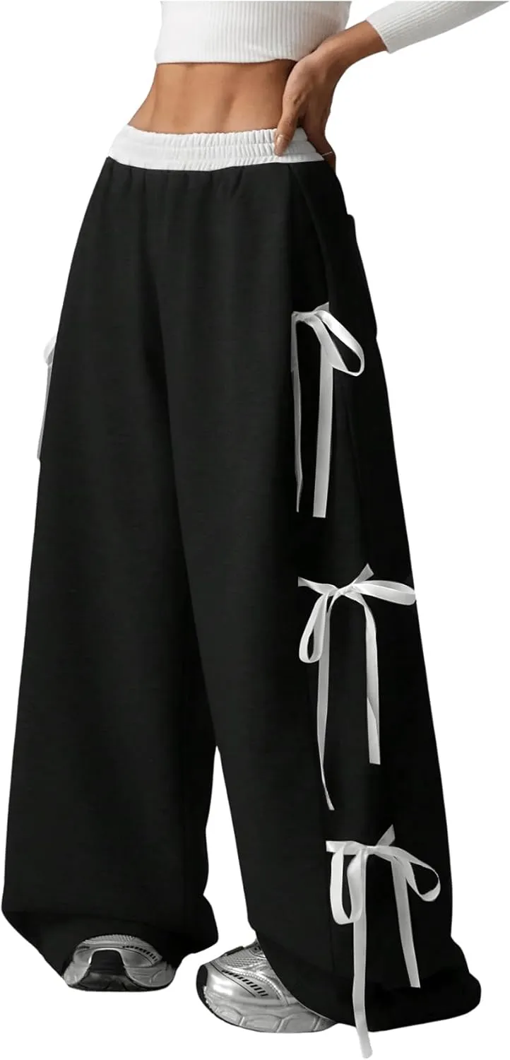 Verdusa Girl's Coquette Bow Wide Leg Elastic Waist Baggy Athletic Pants with Pockets