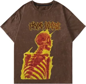Verdusa Men's Flame Skull Portrait Printed Punk T Shirts Vintage Rock Band Tees