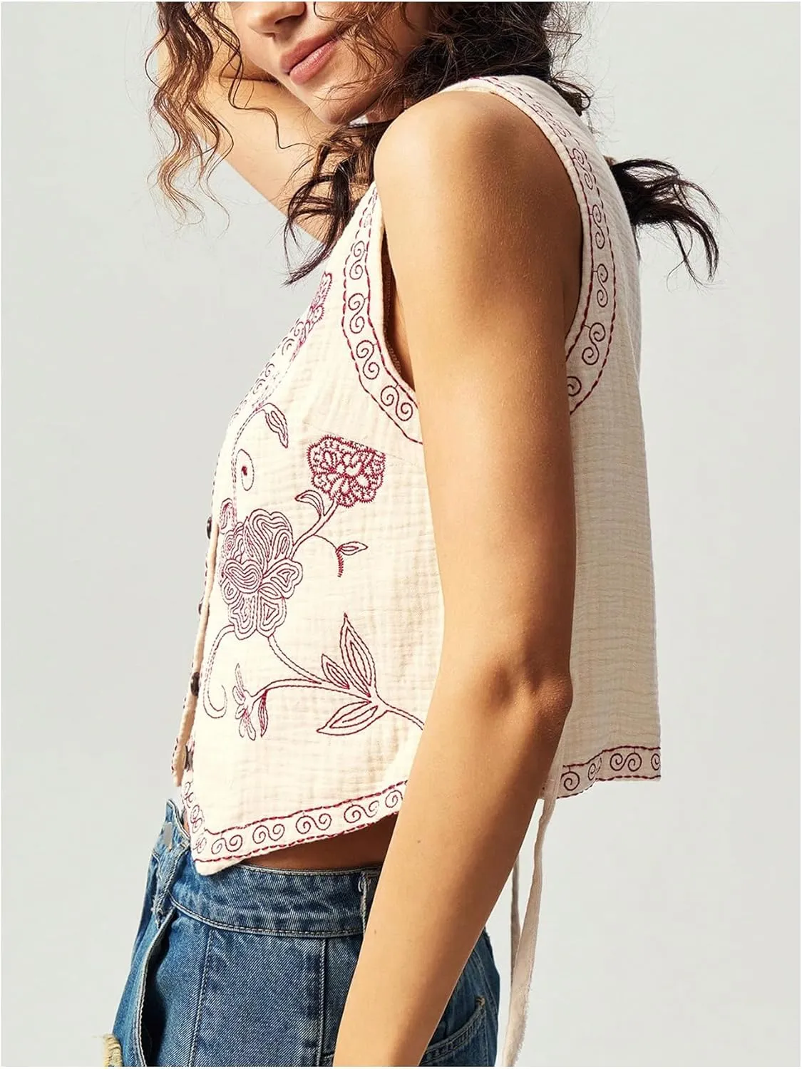 Verdusa Women's Boho Western Floral Embroidery Tank Tops Button Front V Neck Vest Tops