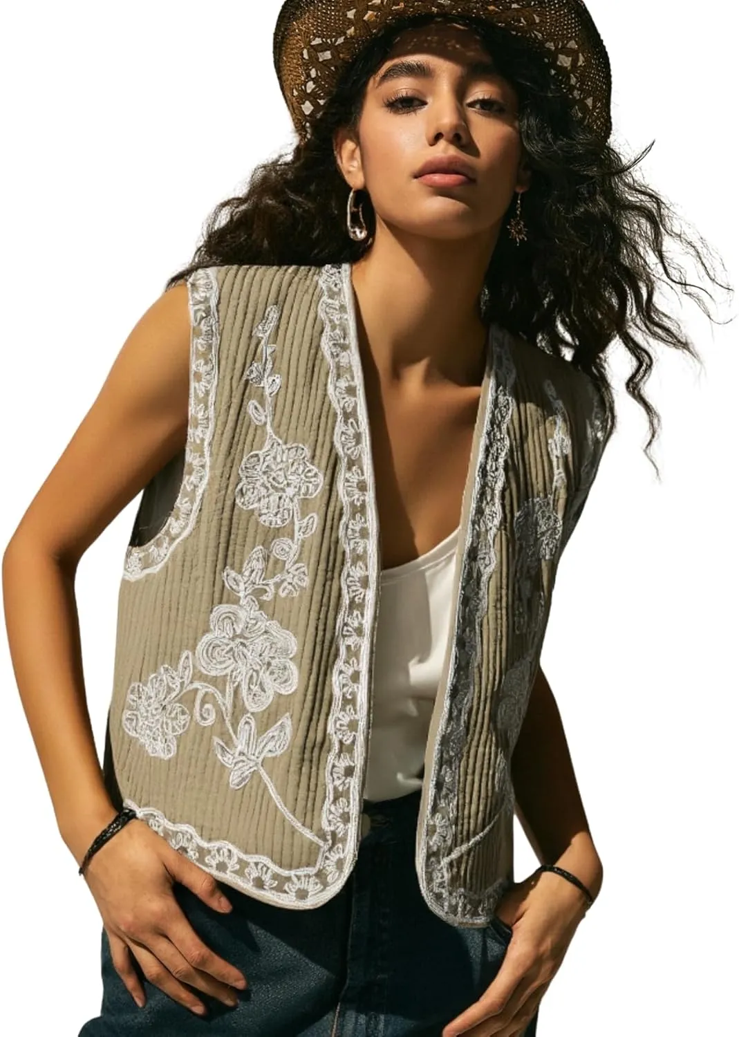 Verdusa Women's Boho Western Floral Embroidery Tank Tops Button Front V Neck Vest Tops