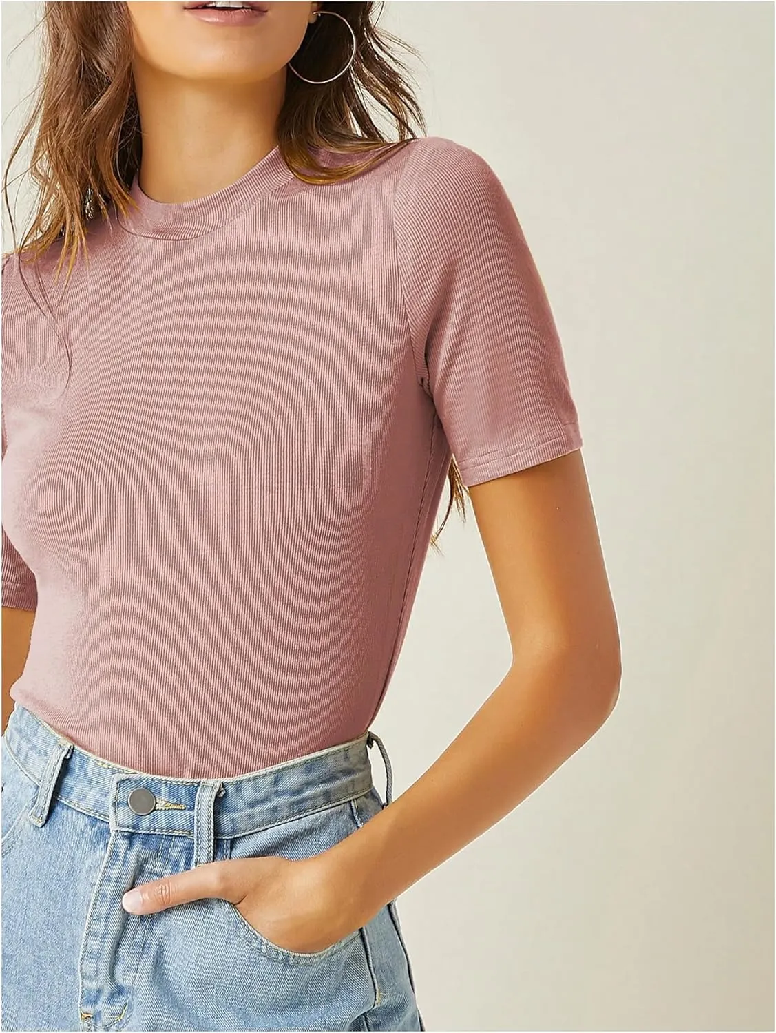 Verdusa Women's Business Casual Tops Mock Neck Short Sleeve Knit Basic Tees Work Ofiice Outfits