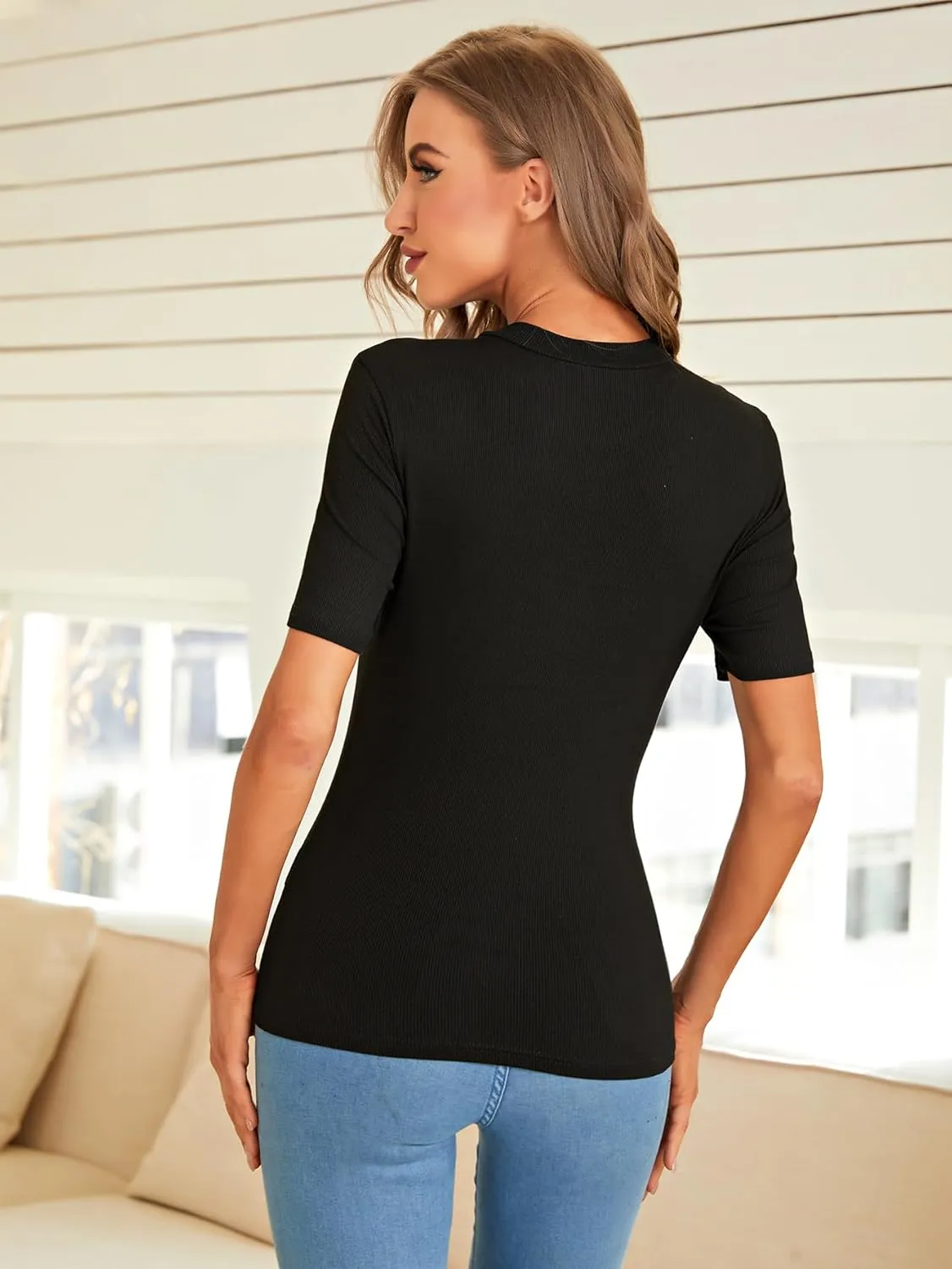 Verdusa Women's Business Casual Tops Mock Neck Short Sleeve Knit Basic Tees Work Ofiice Outfits