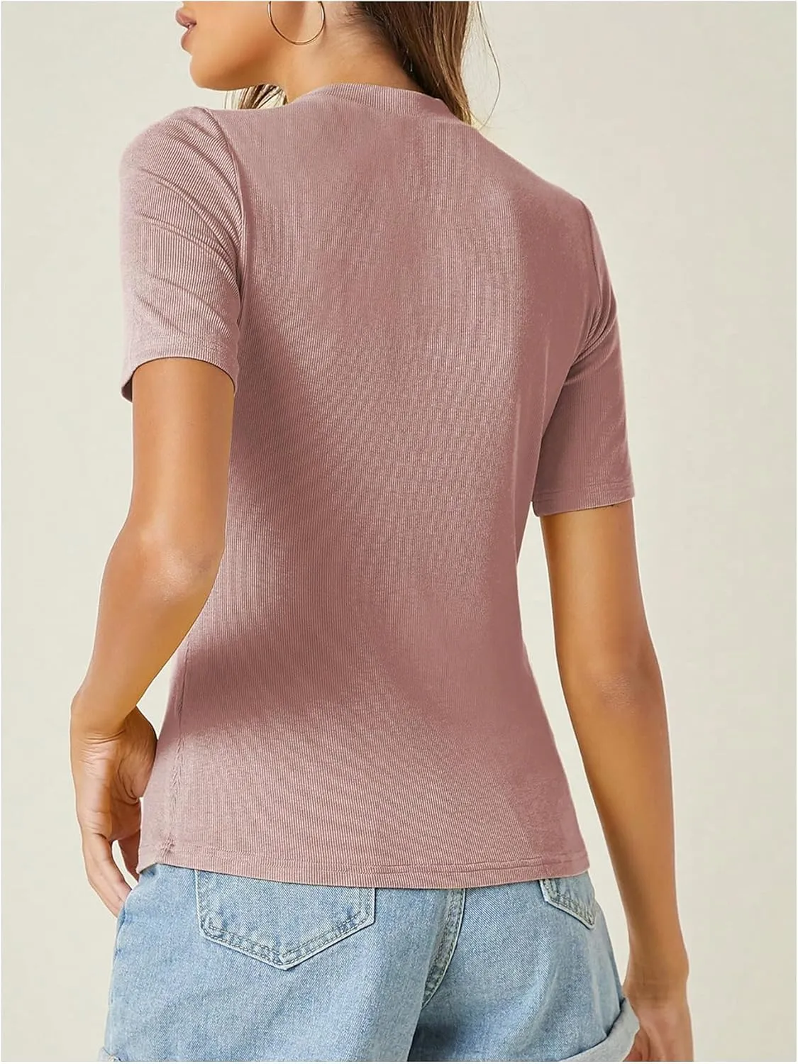 Verdusa Women's Business Casual Tops Mock Neck Short Sleeve Knit Basic Tees Work Ofiice Outfits