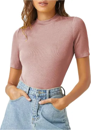 Verdusa Women's Business Casual Tops Mock Neck Short Sleeve Knit Basic Tees Work Ofiice Outfits