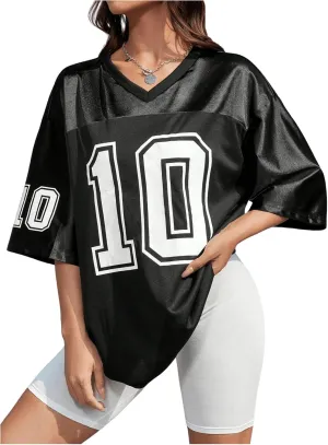 Verdusa Women's Oversized Jersey Shirt Graphic Tees V Neck Short Sleeve Vintage T Shirts