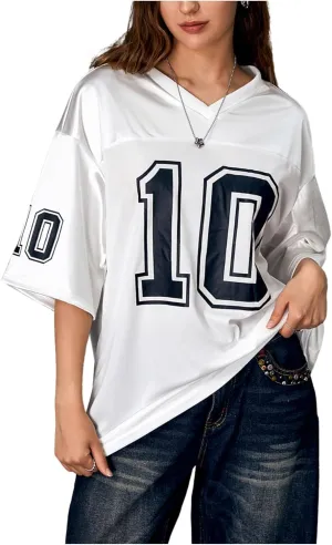 Verdusa Women's Oversized Jersey Shirt Graphic Tees V Neck Short Sleeve Vintage T Shirts