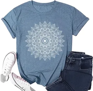 Vintage Boho Graphic Tees for Women Summer Round Neck Nature Cottagecore Tee Tops