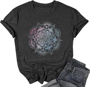 Vintage Boho Graphic Tees for Women Summer Round Neck Nature Cottagecore Tee Tops
