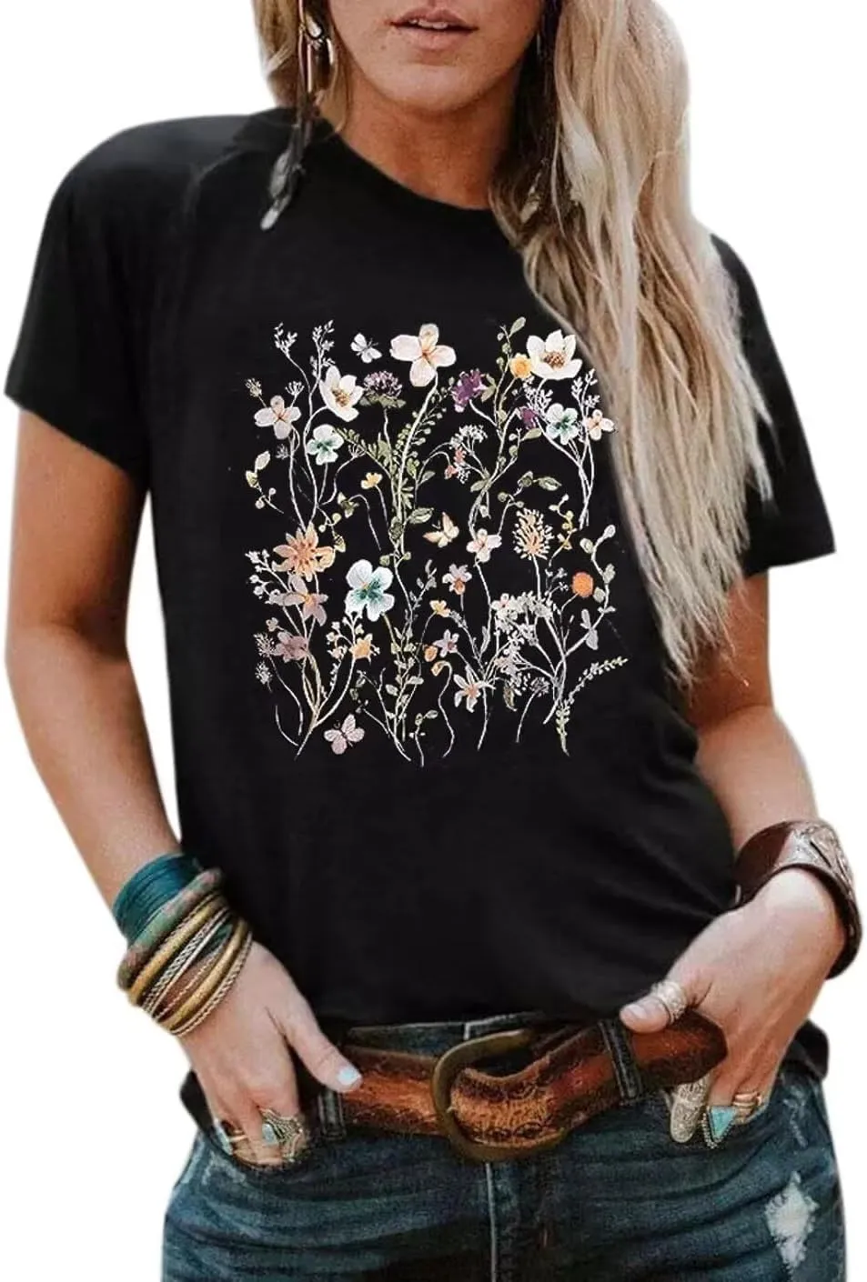 VKEGNIO Sunflower Graphic T Shirt Women Cute Print Vintage Tees Top Funny Summer Short Sleeve Crew Neck Casual Shirts