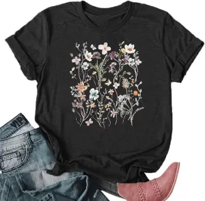 VKEGNIO Sunflower Graphic T Shirt Women Cute Print Vintage Tees Top Funny Summer Short Sleeve Crew Neck Casual Shirts