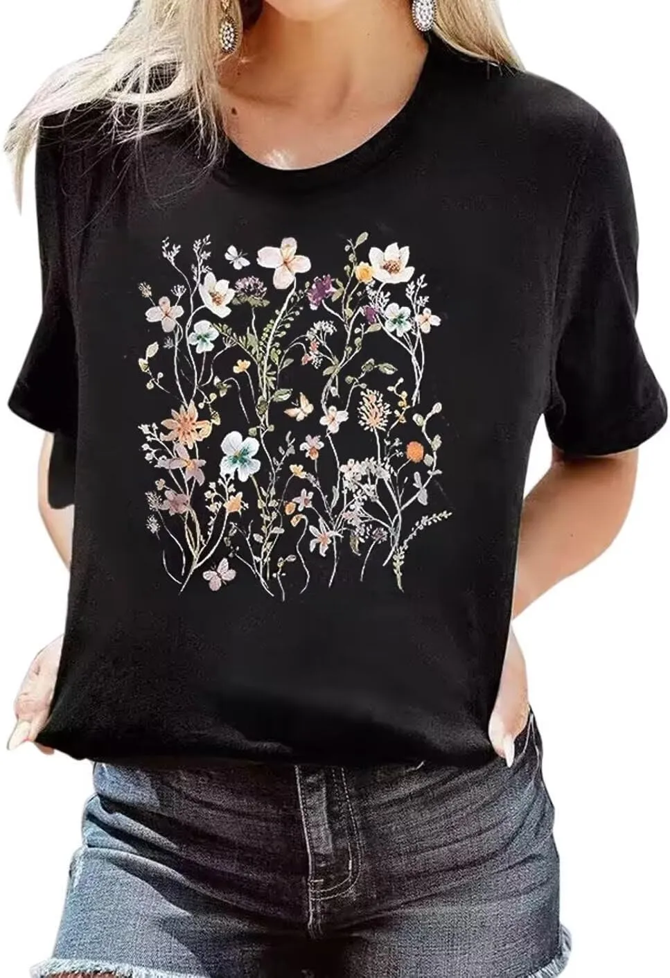 VKEGNIO Sunflower Graphic T Shirt Women Cute Print Vintage Tees Top Funny Summer Short Sleeve Crew Neck Casual Shirts