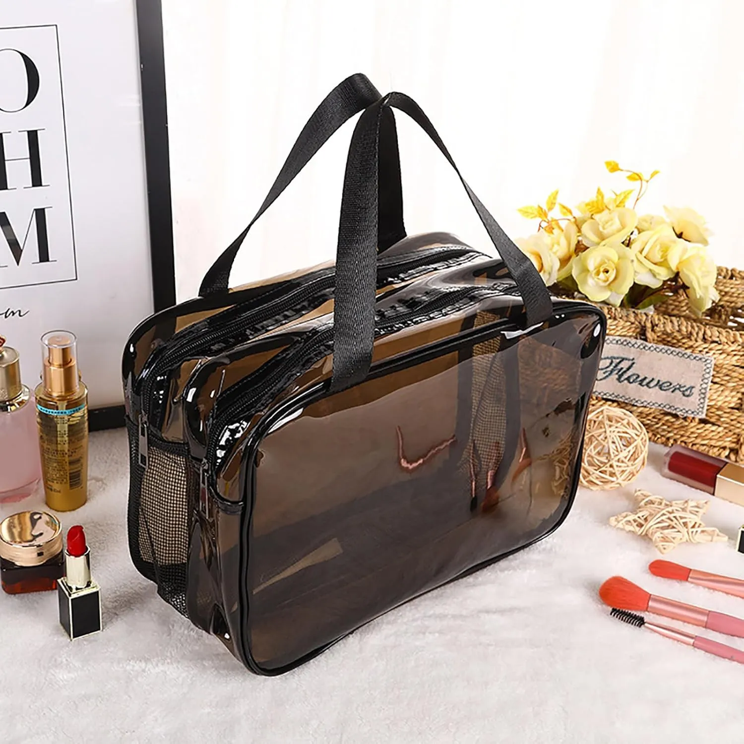 Waterproof Large Makeup Bag for Women; Transparent Cosmetic Organizer with Double Layers for Travel