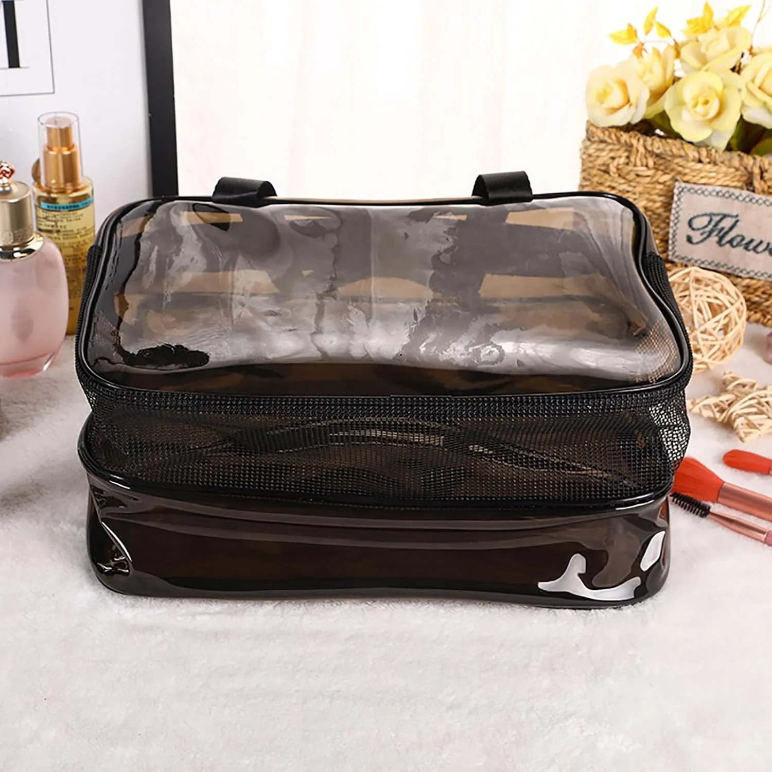 Waterproof Large Makeup Bag for Women; Transparent Cosmetic Organizer with Double Layers for Travel