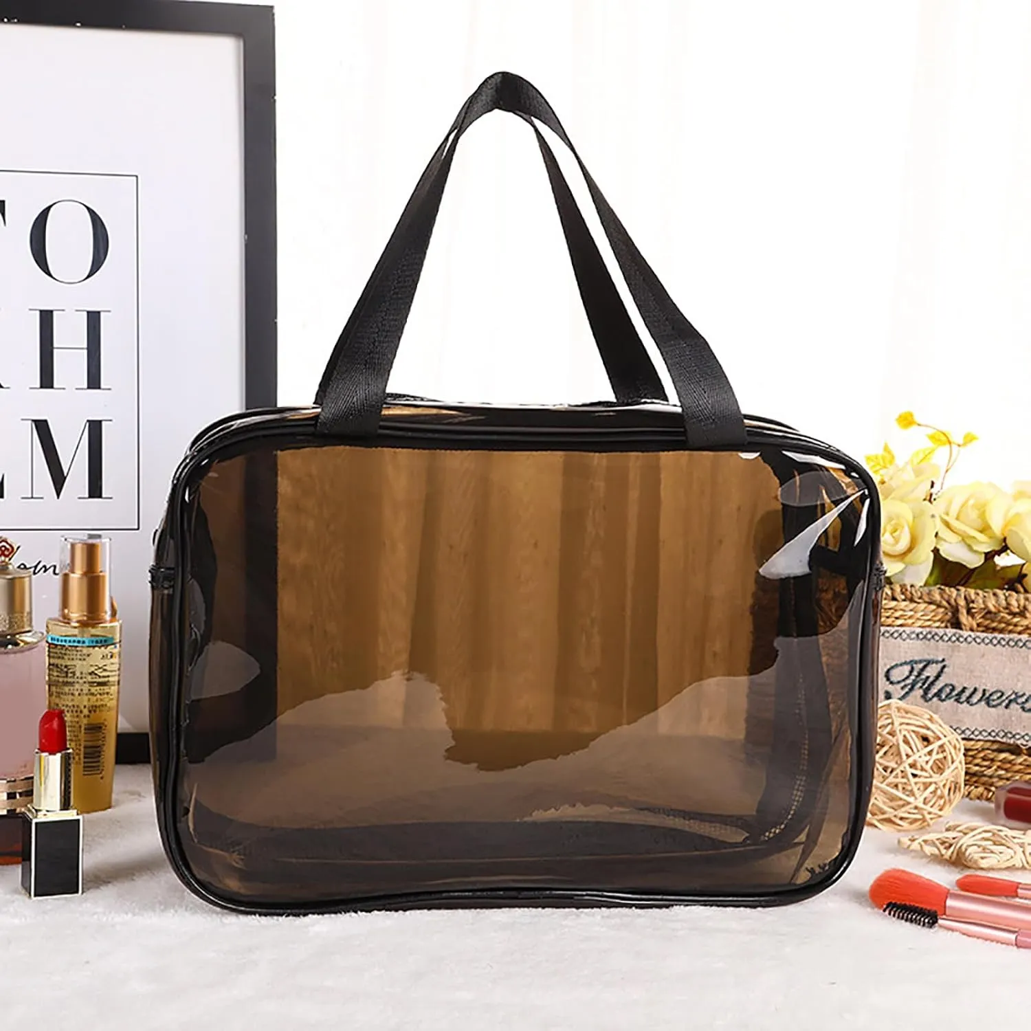 Waterproof Large Makeup Bag for Women; Transparent Cosmetic Organizer with Double Layers for Travel