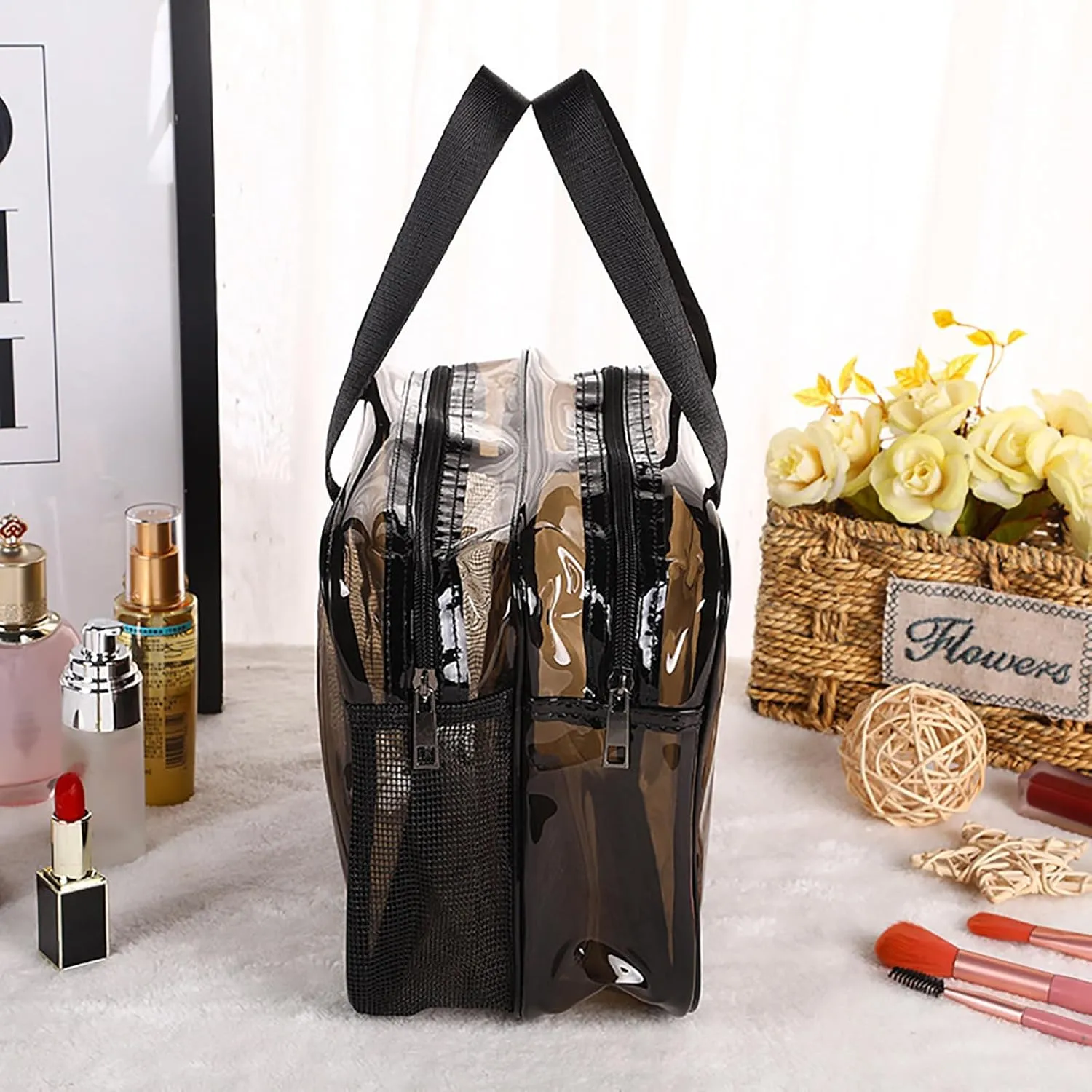 Waterproof Large Makeup Bag for Women; Transparent Cosmetic Organizer with Double Layers for Travel