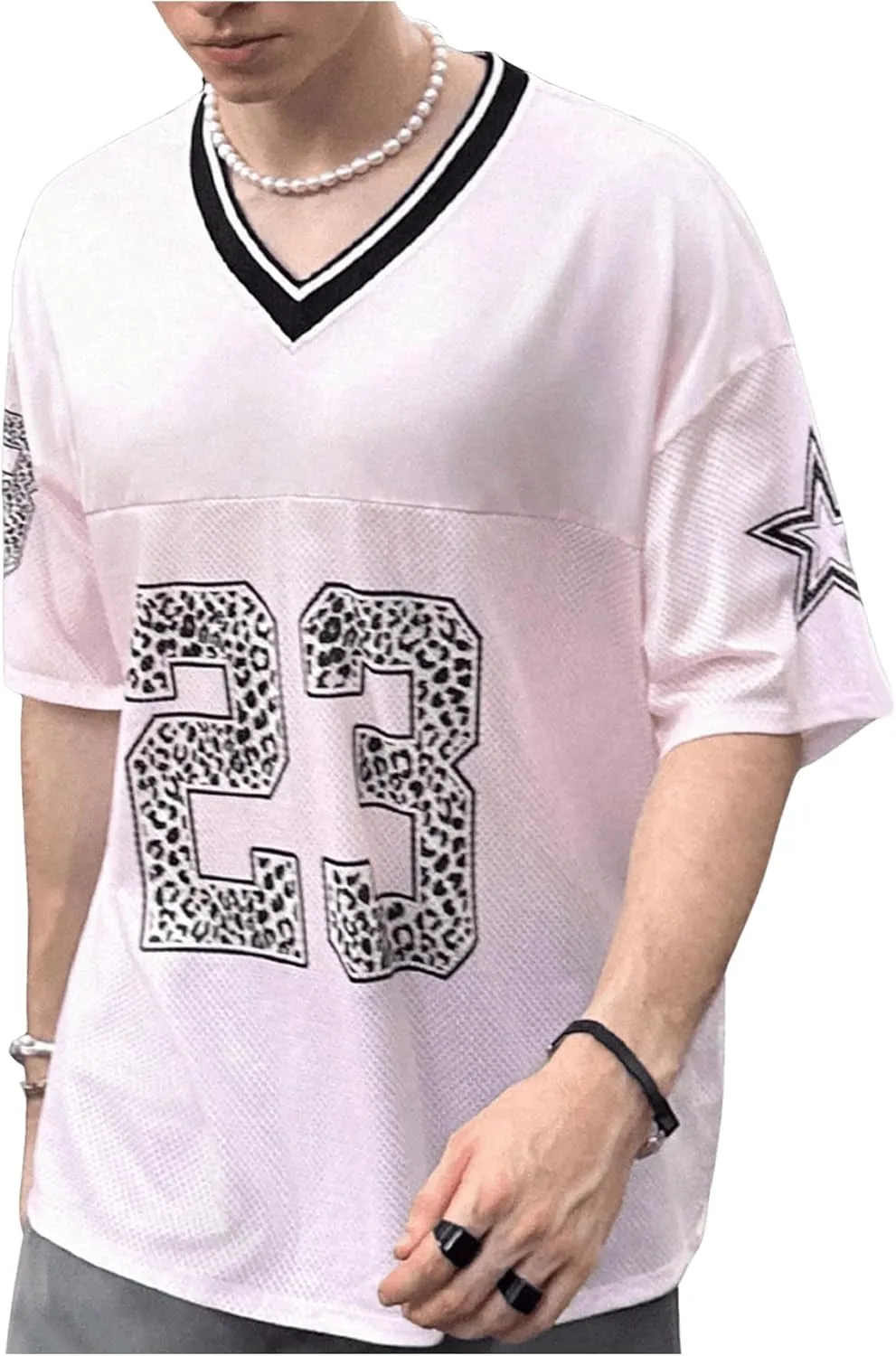 WDIRARA Men's Cheetah Letter Graphic Tees Oversized V Neck Short Sleeve Jersey T Shirt Tops