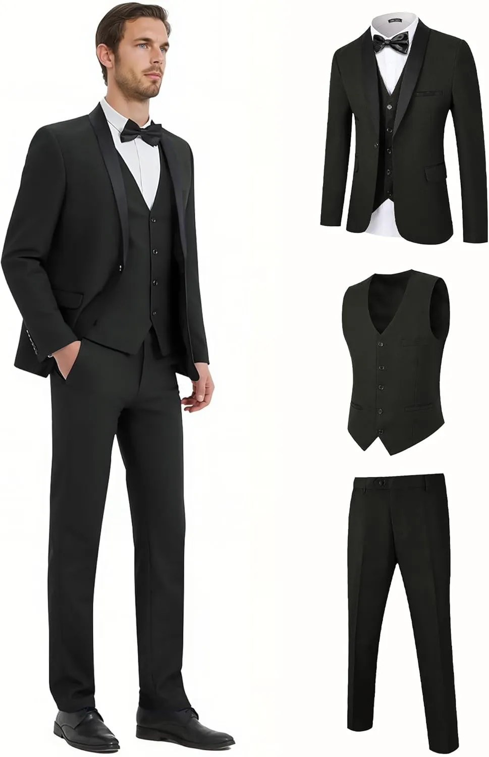 WEEN CHARM Men's Slim Fit 3 Piece Tuxedo Suit One Button Shawl Lapel Blazer Jacket Vest Pants Set