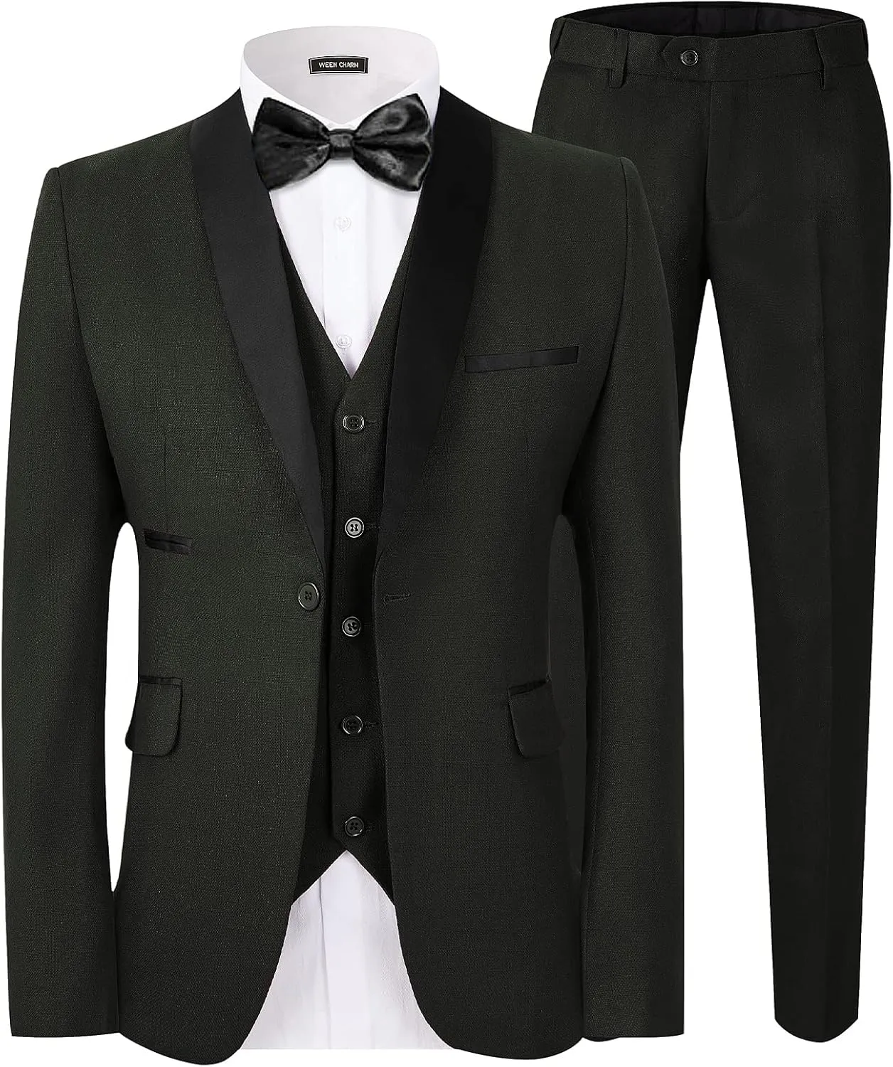 WEEN CHARM Men's Slim Fit 3 Piece Tuxedo Suit One Button Shawl Lapel Blazer Jacket Vest Pants Set