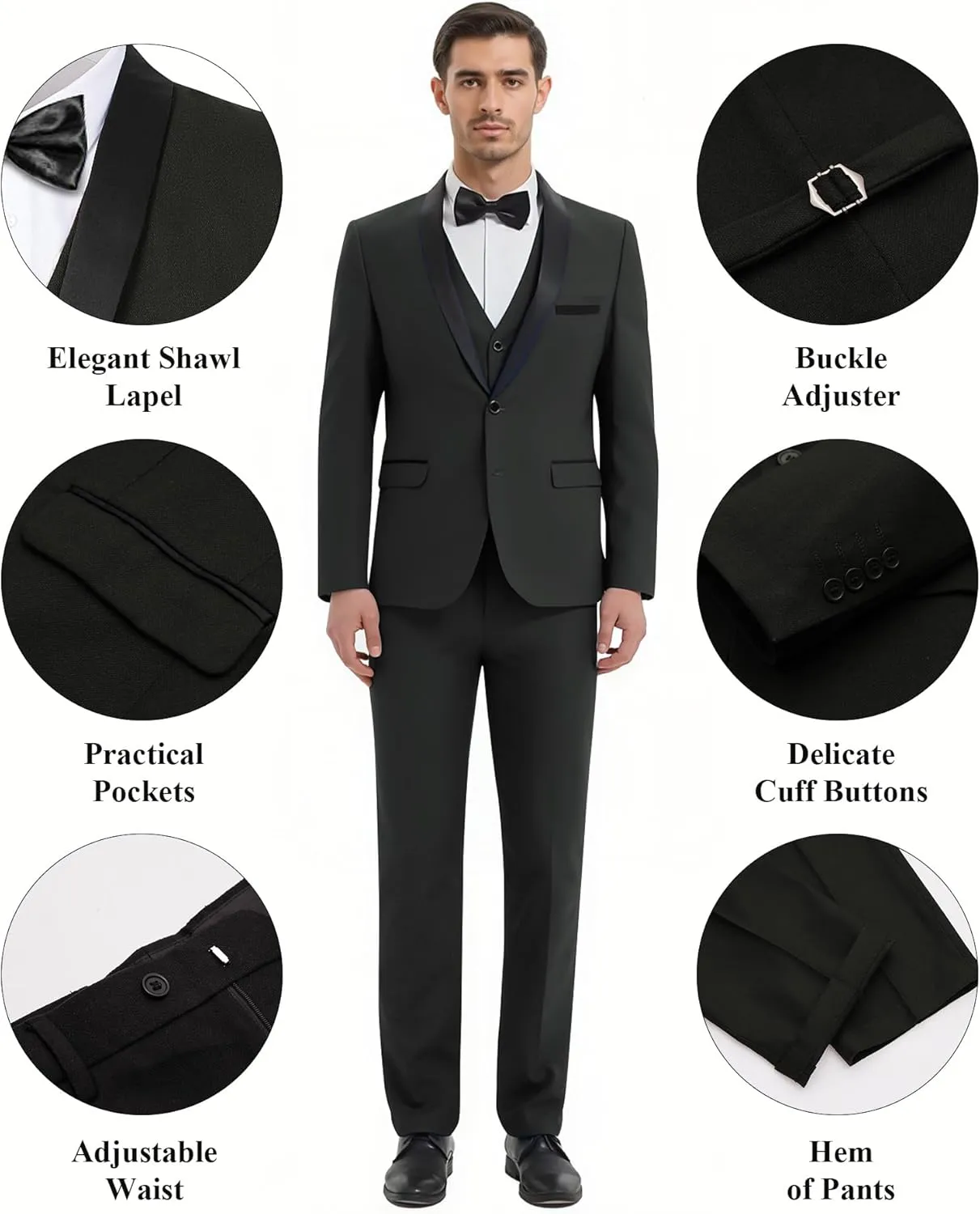 WEEN CHARM Men's Slim Fit 3 Piece Tuxedo Suit One Button Shawl Lapel Blazer Jacket Vest Pants Set