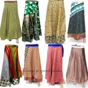 Wholesale Lot Two Layers Women's Indian Sari Magic Wrap Around Reversible Long Skirt Multi