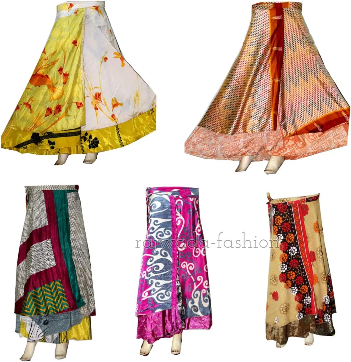 Wholesale Lot Two Layers Women's Indian Sari Magic Wrap Around Reversible Long Skirt Multi
