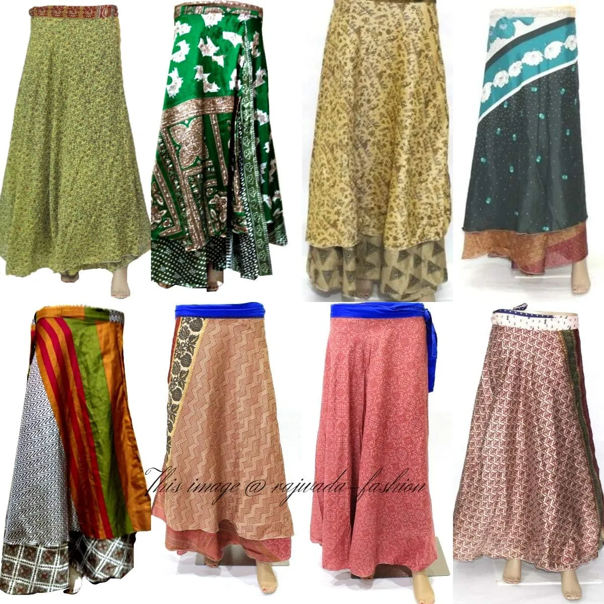 Wholesale Lot Two Layers Women's Indian Sari Magic Wrap Around Reversible Long Skirt Multi