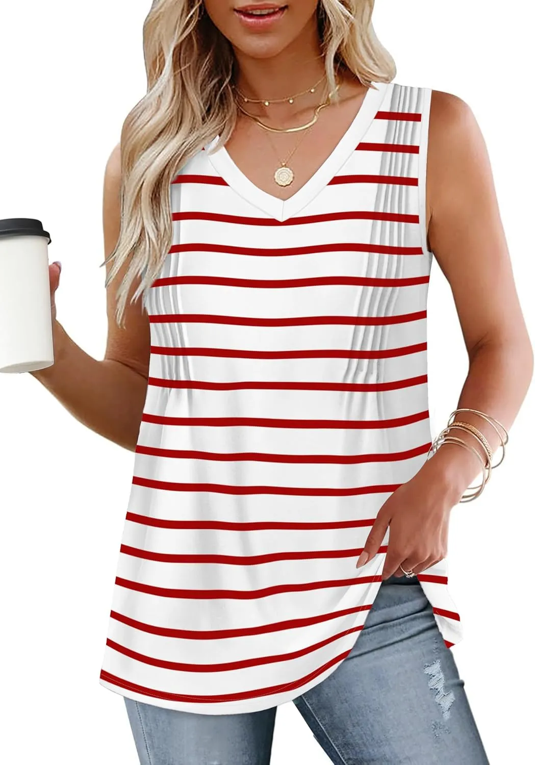 WIHOLL Summer Womens Tank Tops Loose Fit Pleated 2025 V Neck Sleeveless Tops CasualS-3XL