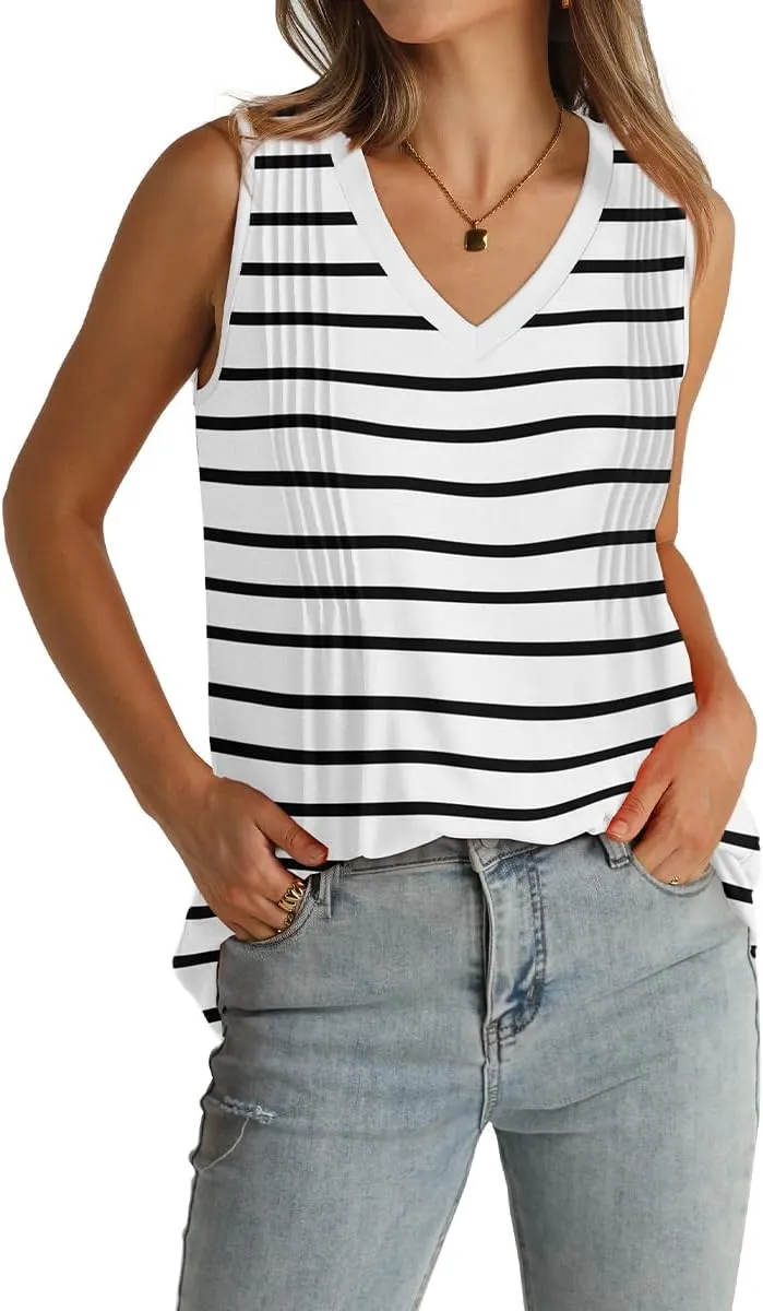 WIHOLL Summer Womens Tank Tops Loose Fit Pleated 2025 V Neck Sleeveless Tops CasualS-3XL