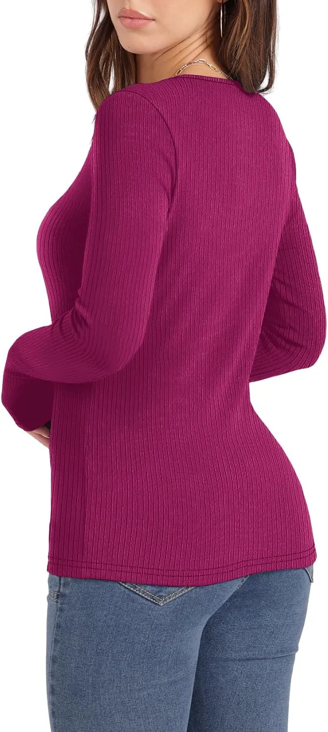WIHOLL Women's Knit Ribbed Long Sleeve Shirts 2025 Spring Casual Crewneck Tops Slim Fitted Basic Tees