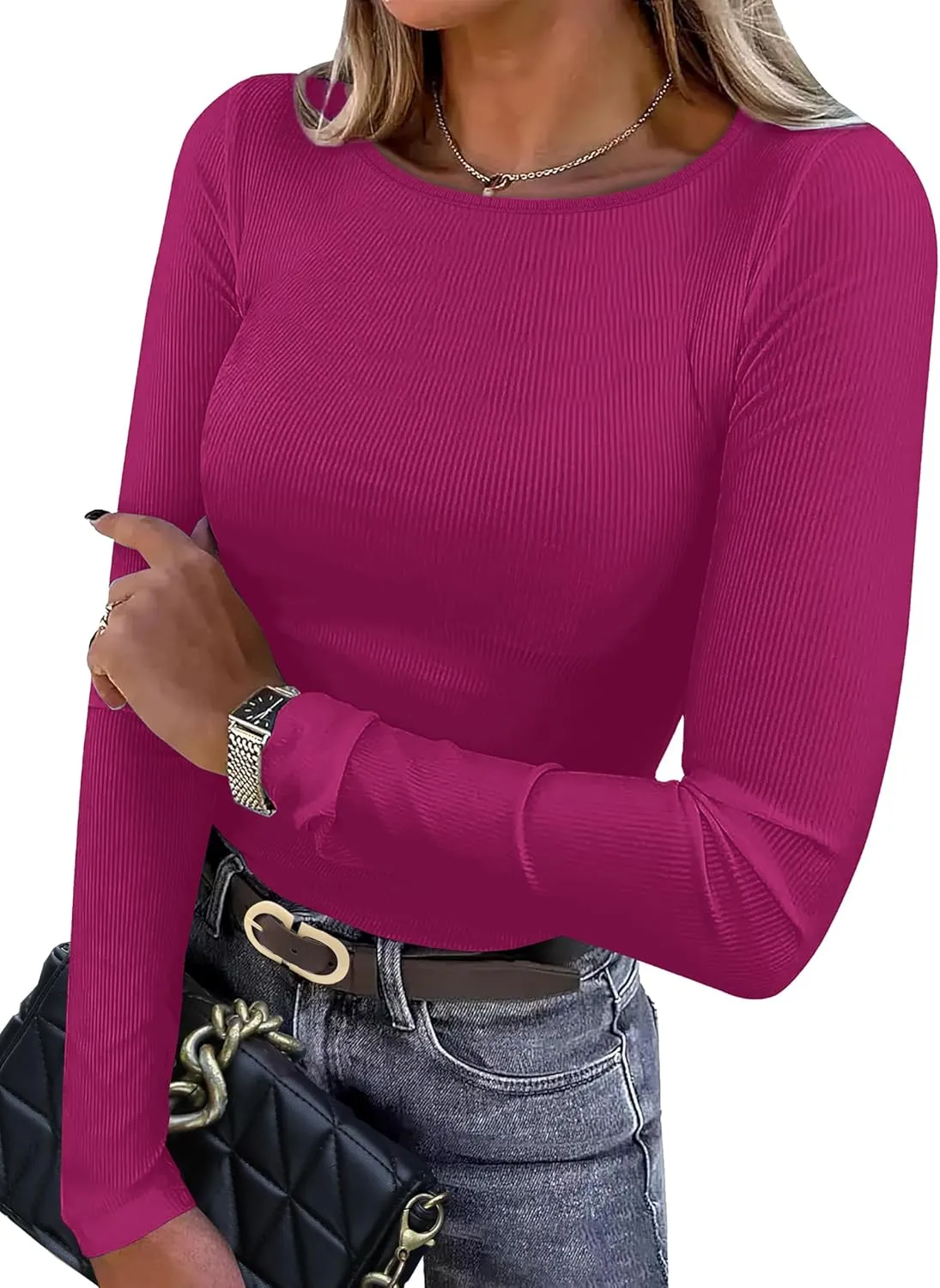 WIHOLL Women's Knit Ribbed Long Sleeve Shirts 2025 Spring Casual Crewneck Tops Slim Fitted Basic Tees