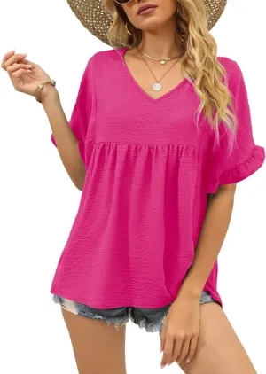 WIHOLL Womens Tops Casual V Neck Ruffle Sleeve T Shirts Babydoll Loose Fit Peplum Tops
