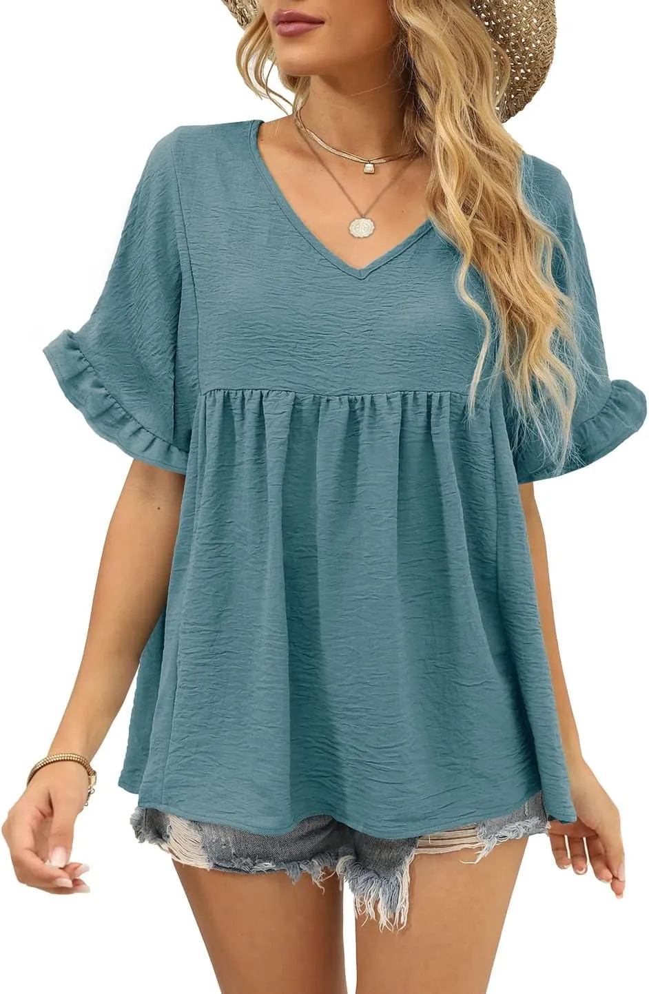 WIHOLL Womens Tops Casual V Neck Ruffle Sleeve T Shirts Babydoll Loose Fit Peplum Tops