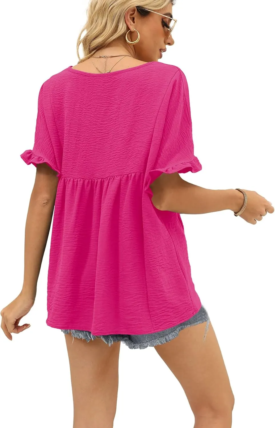 WIHOLL Womens Tops Casual V Neck Ruffle Sleeve T Shirts Babydoll Loose Fit Peplum Tops