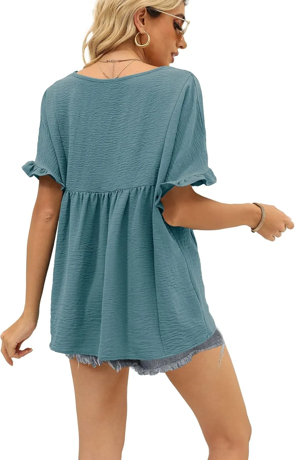 WIHOLL Womens Tops Casual V Neck Ruffle Sleeve T Shirts Babydoll Loose Fit Peplum Tops