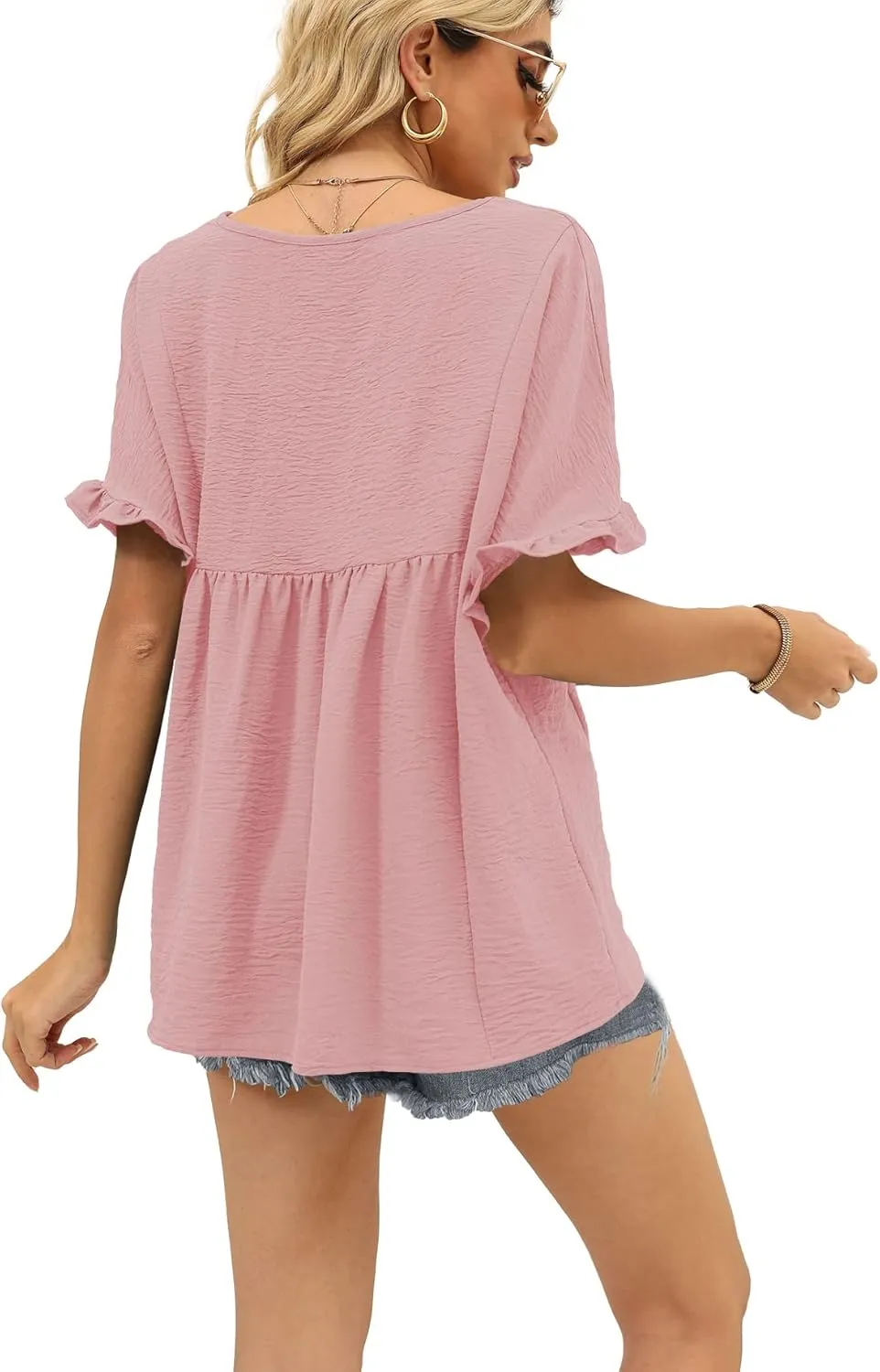 WIHOLL Womens Tops Casual V Neck Ruffle Sleeve T Shirts Babydoll Loose Fit Peplum Tops