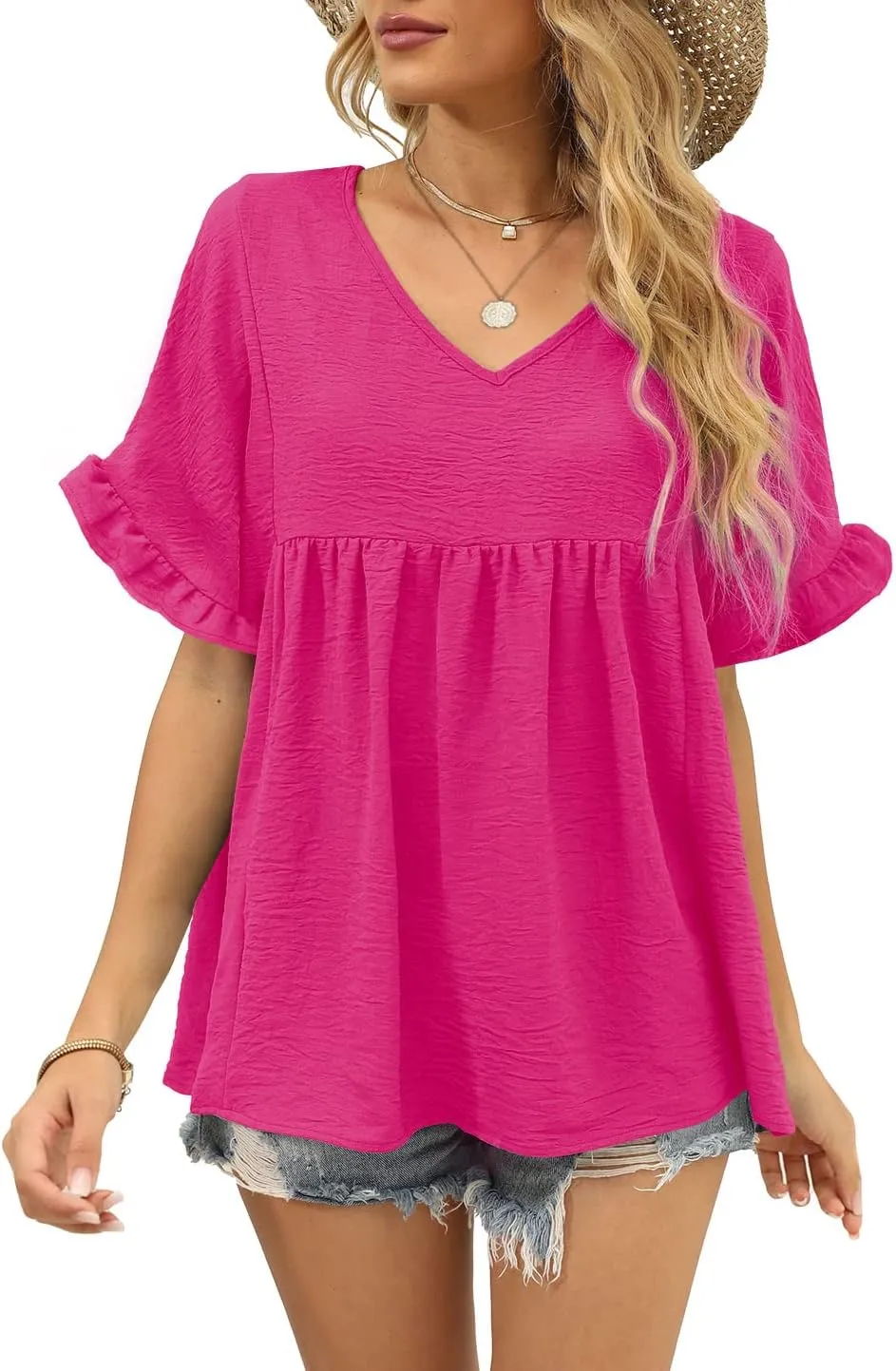 WIHOLL Womens Tops Casual V Neck Ruffle Sleeve T Shirts Babydoll Loose Fit Peplum Tops