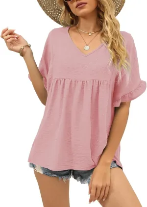 WIHOLL Womens Tops Casual V Neck Ruffle Sleeve T Shirts Babydoll Loose Fit Peplum Tops