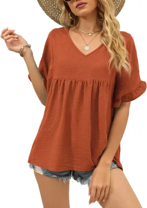 WIHOLL Womens Tops Casual V Neck Ruffle Sleeve T Shirts Babydoll Loose Fit Peplum Tops