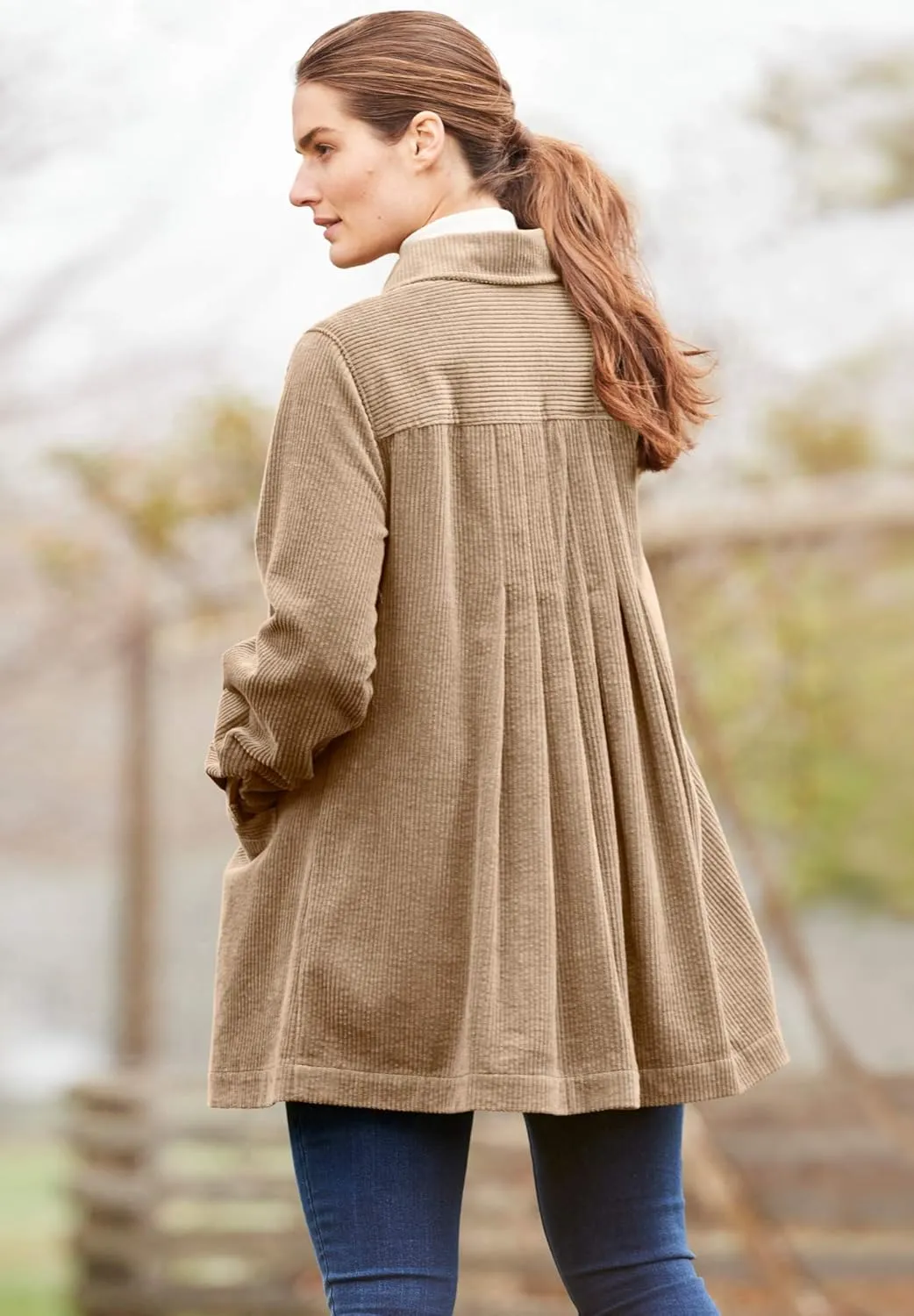 Woman Within Plus Size Pleat-Back Corduroy Jacket Long Oversized Barn Coat