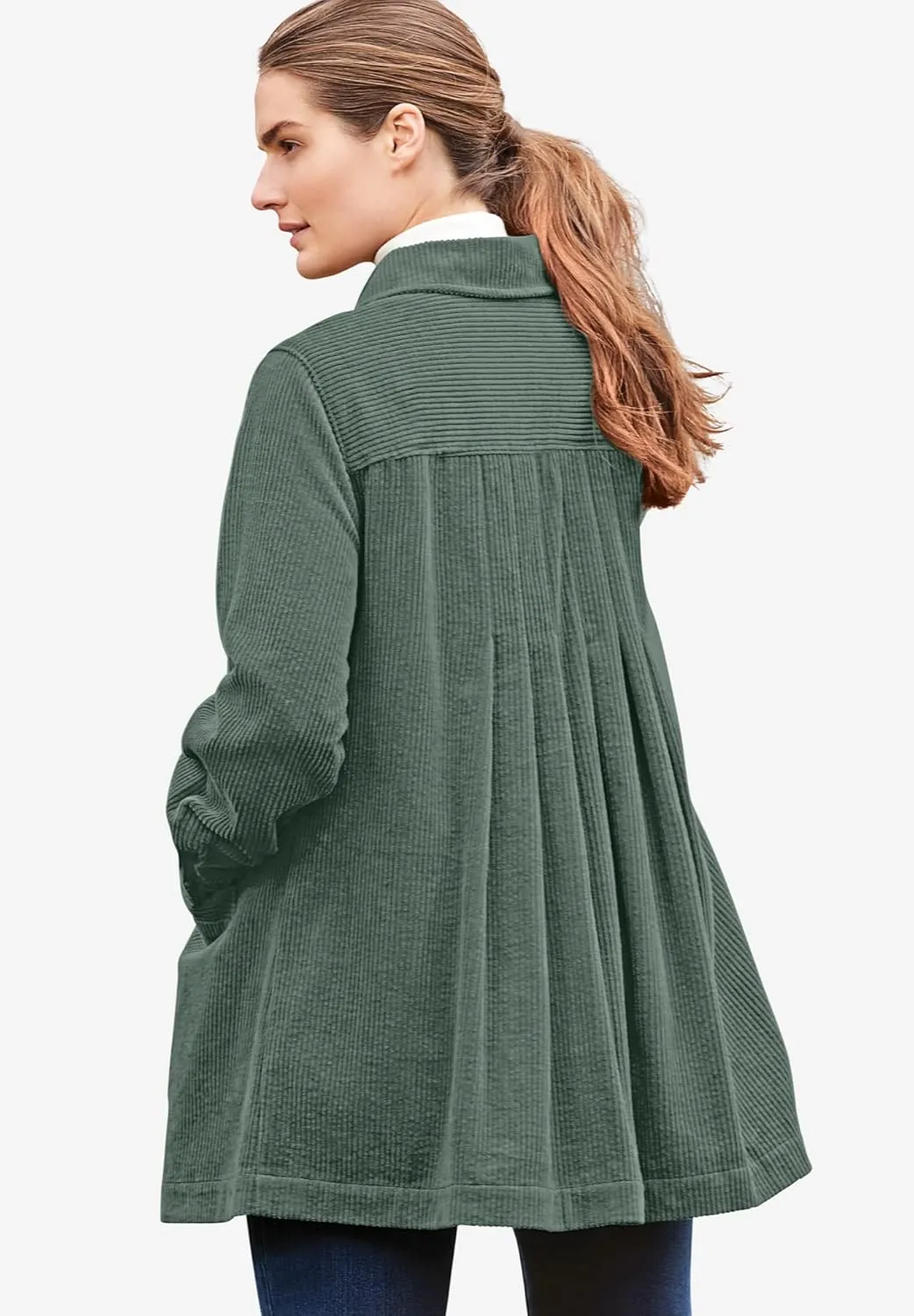 Woman Within Plus Size Pleat-Back Corduroy Jacket Long Oversized Barn Coat