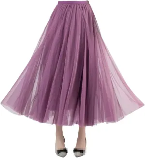 Women 3 Layers 85 Cm Pleated Skirt Midi Tulle Skirt High Waist Full Lining Adult Women Skirts